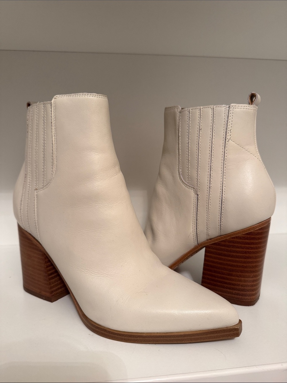 Marc FisherWomen's Cream Leather Ankle Boots with Stacked Heel